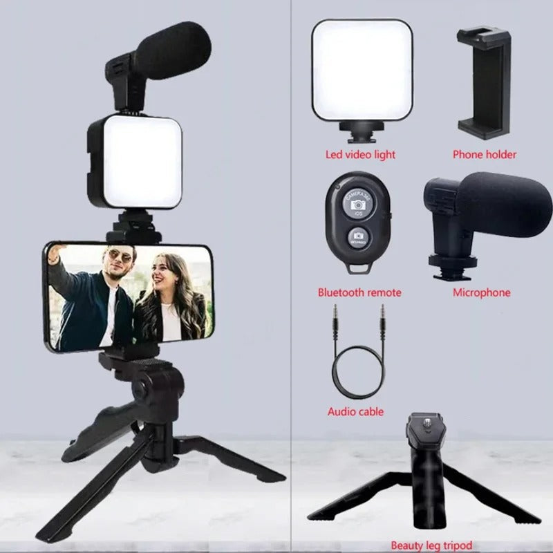 AY-49 Mobile Vlogging Kit – Mic, LED Light & Tripod